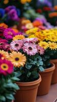 A row of flower pots with colorful flowers photo