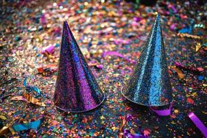 Two party hats on a table with confetti photo