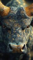 A close up of a bull with horns photo