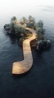 A wooden path leads to a small island in the middle of the ocean photo