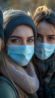 Three young women wearing masks photo