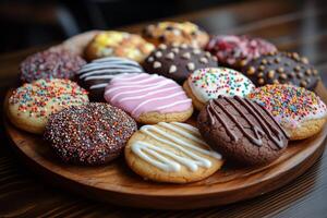 A wooden plate topped with a variety of cookies photo