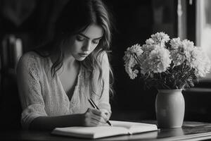 A woman is writing in a book while sitting at a table photo