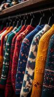Many colorful sweaters are hanging on a rack photo