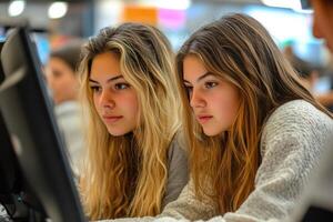 Two young women are looking at a computer screen photo