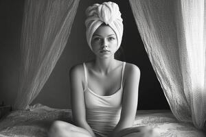 A woman in a towel sitting on a bed photo