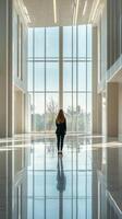 A woman walking through a large building with large windows photo