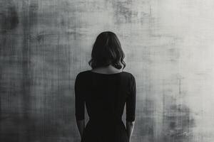 A woman standing in front of a wall with a black and white photo