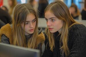 Two young girls looking at a computer screen photo