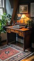 A desk with a lamp and a plant on it photo