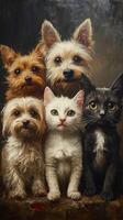 A painting of a group of dogs and cats photo