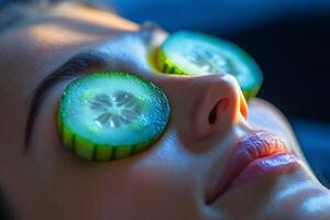 A woman with cucumber slices on her eyes photo
