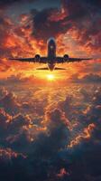 An airplane flying over the clouds at sunset photo