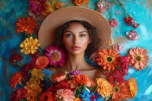 Beautiful woman with flowers on her head photo