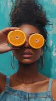 A woman with orange slices on her face photo