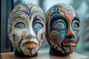 Two masks with different designs on them photo
