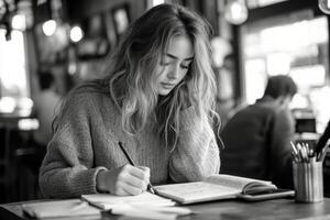 A woman is writing in a notebook while sitting at a table photo
