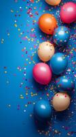 Colorful balloons and confetti on a blue background photo
