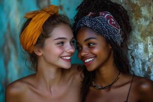 Two young women smiling and posing for the camera photo