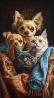 A painting of four dogs and a cat photo