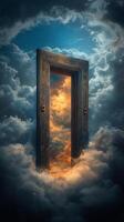 An open door in the clouds with clouds and sky photo