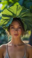 A woman with a large leaf on her head photo