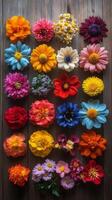 Colorful flowers arranged in a circle on a wooden background photo
