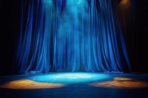 Blue curtain on stage with spotlight photo
