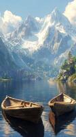 Two wooden boats floating on the water in front of a mountain range photo