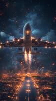 A large jet airplane flying over a city at night photo