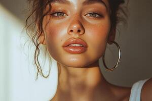A woman with freckles and a hoop earrings photo