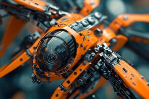 A close up of a robot spider with a camera photo