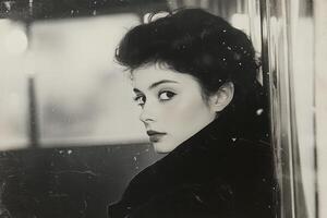 A black and white photo of a woman looking out the window