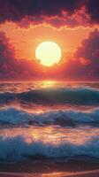 A beautiful sunset over the ocean with waves photo