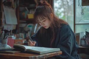 A woman is writing in a notebook while sitting at a table photo
