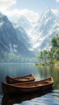 Two boats are floating on the water in front of a mountain photo