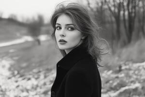 Black and white photo of a woman in a coat