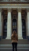 A woman standing in front of a building photo