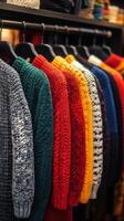 Colorful sweaters hanging on a rack in a store photo