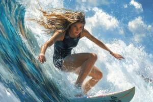 A woman riding a wave on a surfboard photo