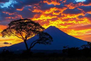 A tree and a volcano are silhouetted against a colorful sunset photo