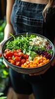 A woman holding a bowl of a colorful salad photo