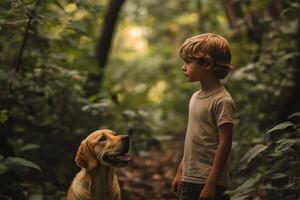 A boy and his dog in the woods photo