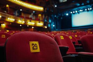 A red theater with rows of seats and a number on the back photo
