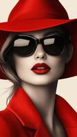 Fashion model in red hat and sunglasses photo