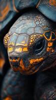 A close up of a tortoise with orange spots photo