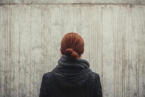 A woman with red hair in a hoodie looking at a wall photo