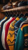 Many different colored sweaters are hanging on a rack photo