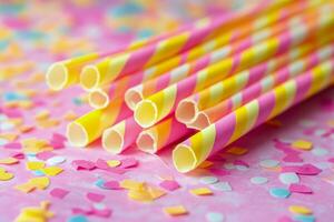 Pink and yellow striped paper straws on a pink background photo