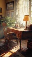 A desk with a lamp and a chair photo
